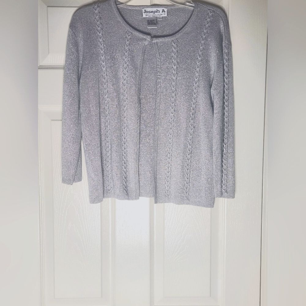 Joseph A Quest L Silver SILK Blend 3/4 Sleeve Knit Sequin Women's Cardigan